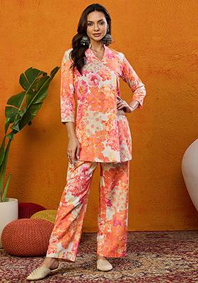 Orange Printed Rayon Blend Kurta Set