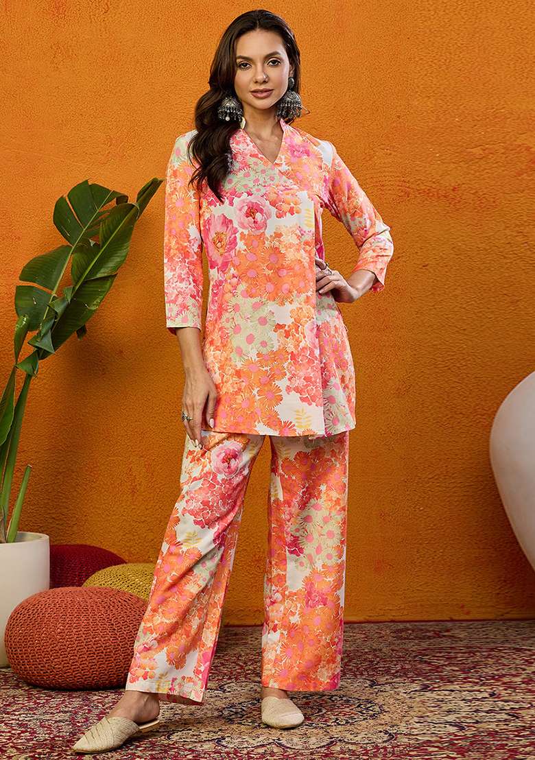 Orange Floral Print Blended Co Ord Set - Indya