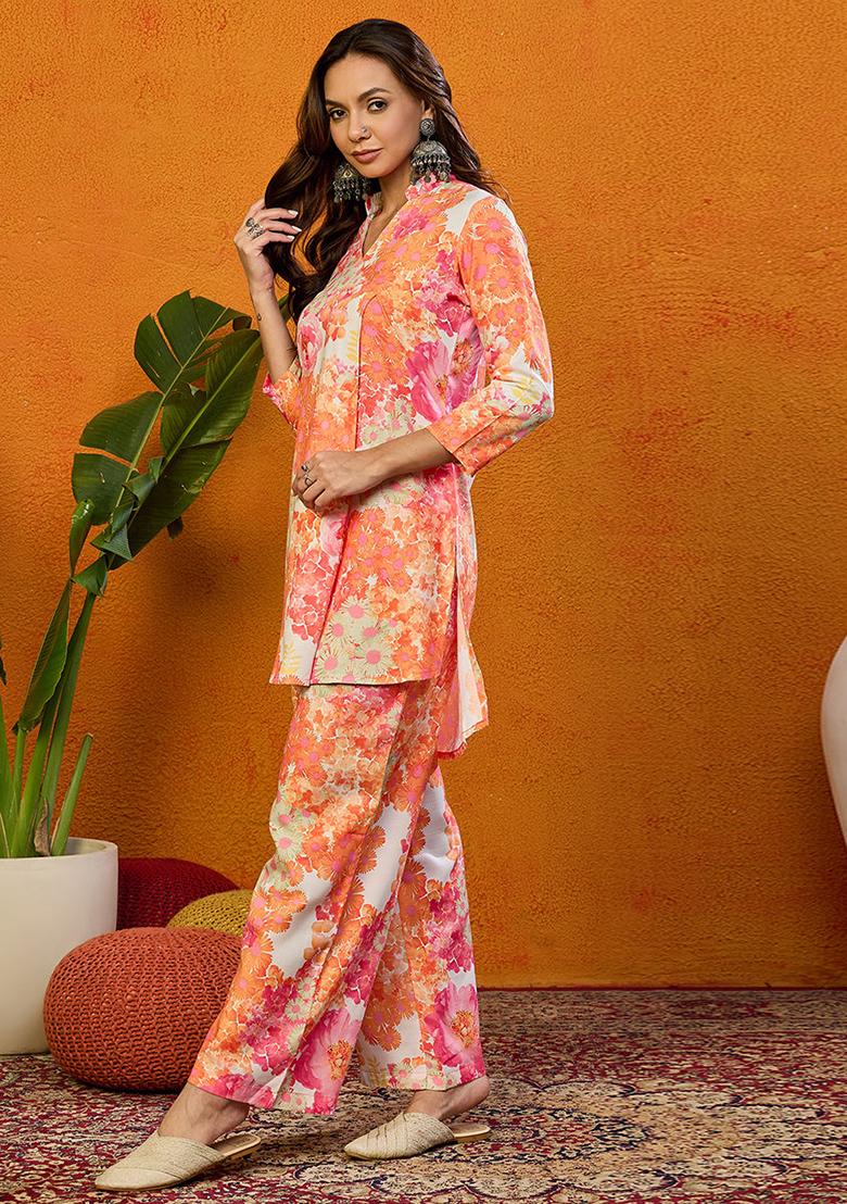 Orange Printed Rayon Blend Kurta Set