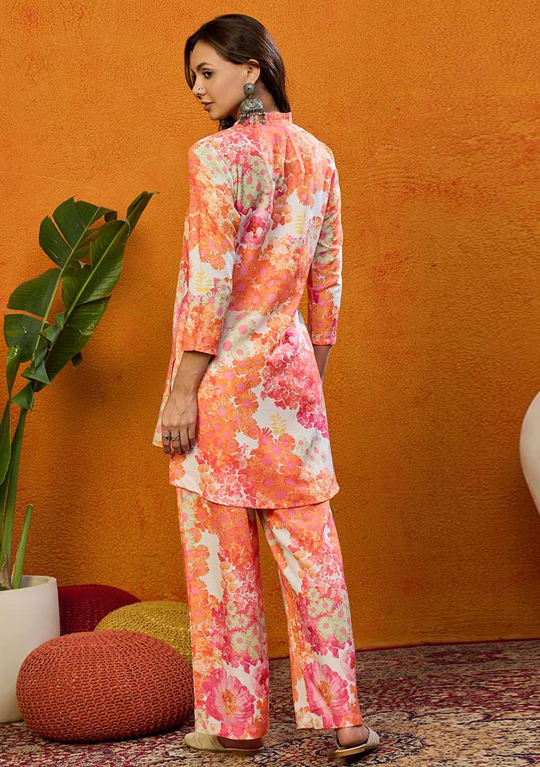 Orange Floral Print Blended Co Ord Set - Indya