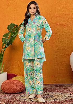 Green Printed Rayon Blend Kurta Set