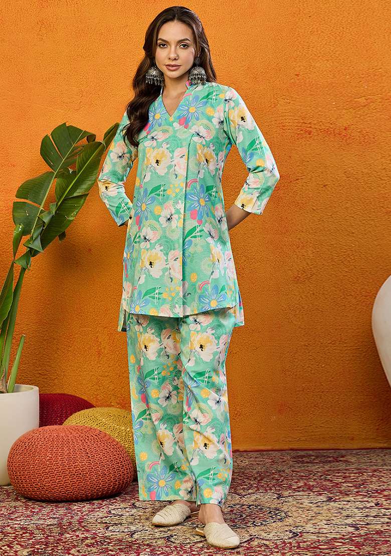 Green Floral Print Blended Co Ord Set - Indya