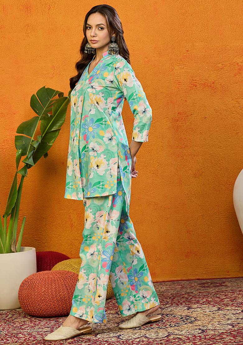 Green Printed Rayon Blend Kurta Set