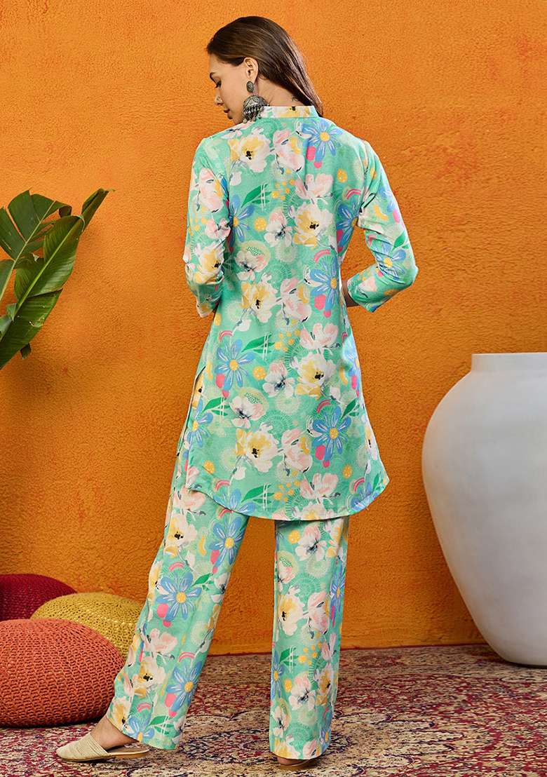 Green Floral Print Blended Co Ord Set - Indya