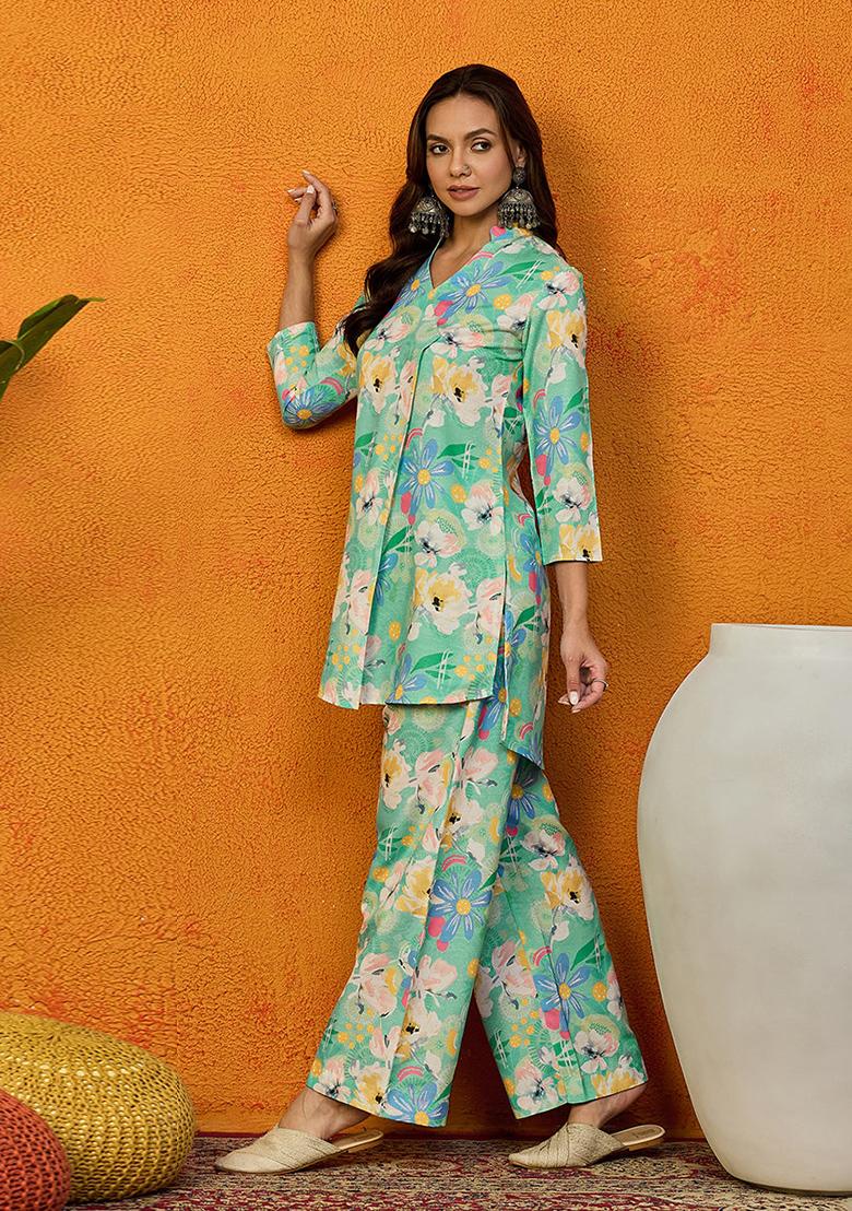 Green Printed Rayon Blend Kurta Set