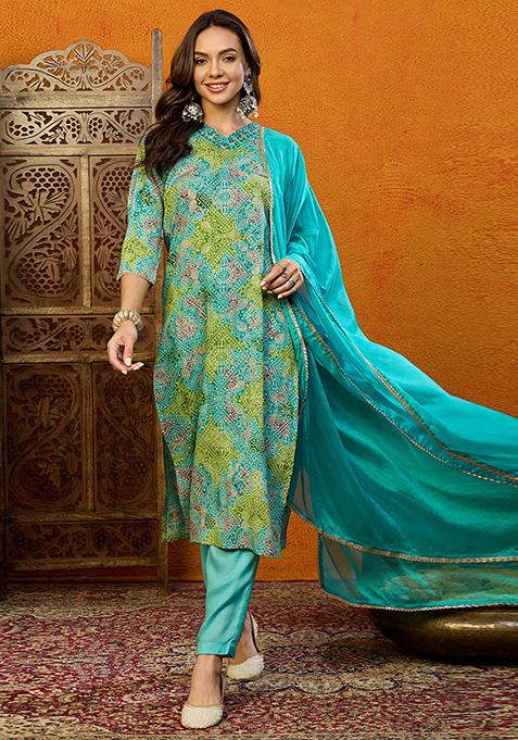 Blue Printed Cotton Blend Kurta Set