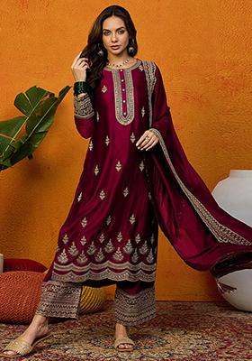 Maroon Embroidered Silk Blend Kurta Set