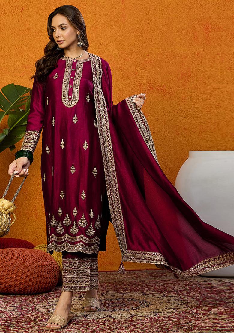 Maroon Embroidered Silk Blend Kurta Set