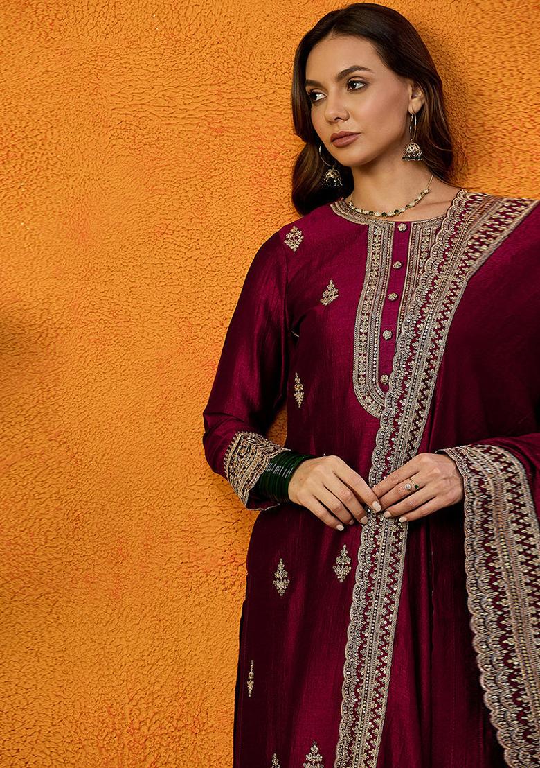 Maroon Embroidered Silk Blend Kurta Set