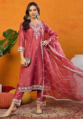 Rust Red Embroidered Silk Blend Kurta Set