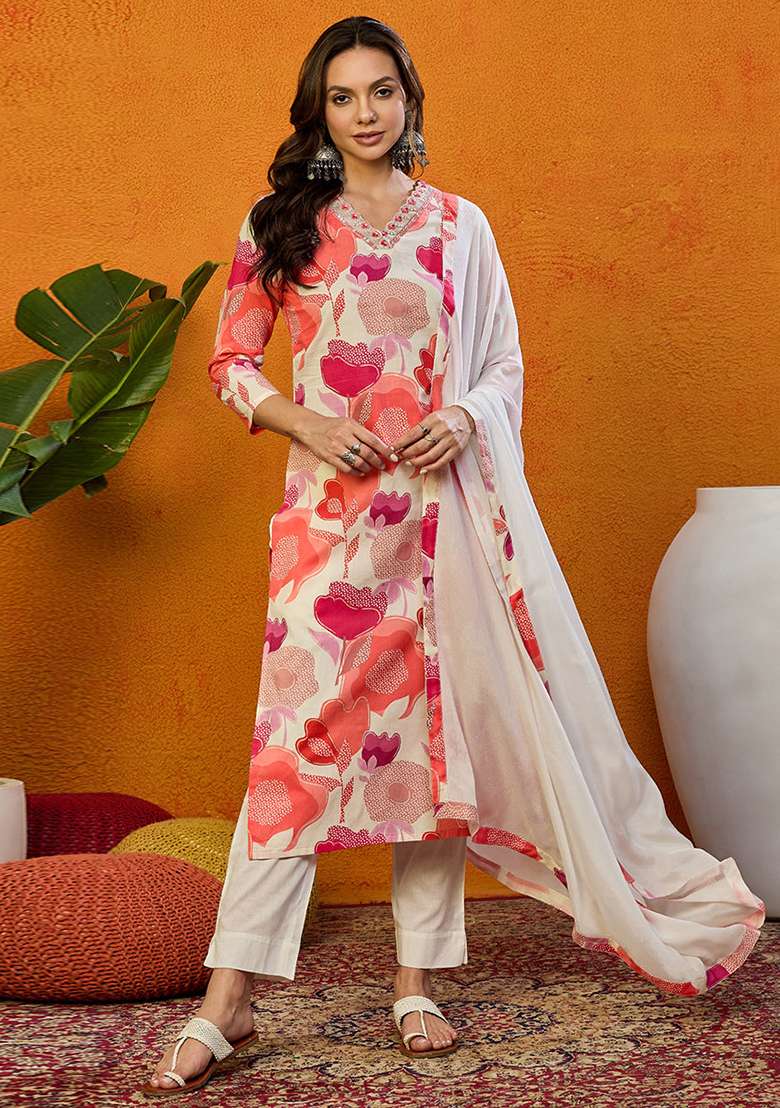White Printed Cotton Blend Kurta Set - Indya