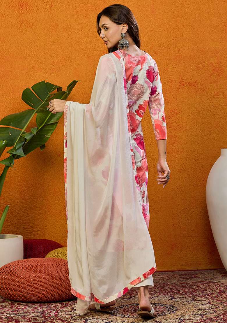 White Printed Cotton Blend Kurta Set - Indya