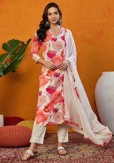 White Printed Cotton Blend Kurta Set