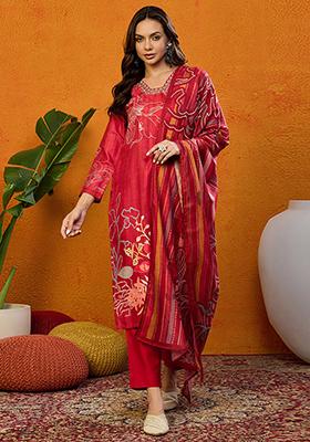 Red Printed Silk Blend Kurta Set