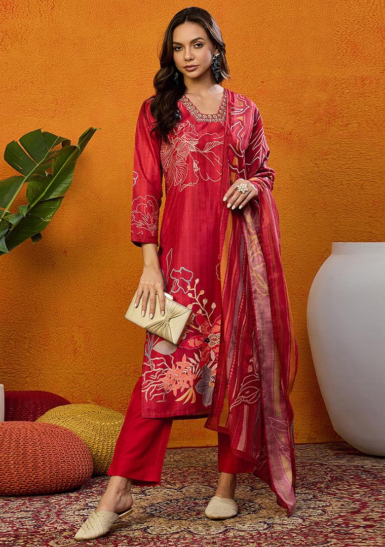 Red Printed Silk Blend Kurta Set