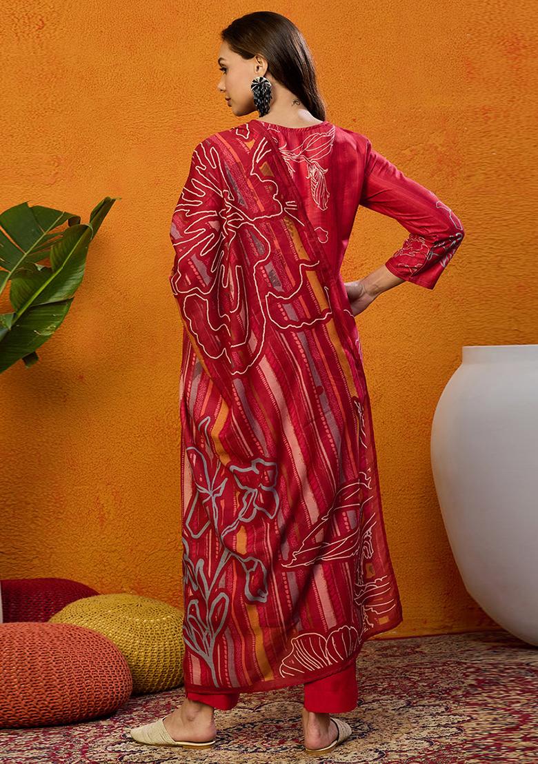 Red Printed Silk Blend Kurta Set