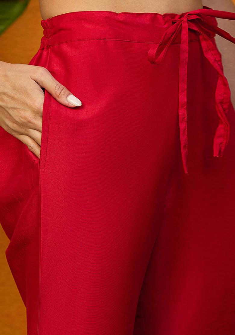 Red Printed Silk Blend Kurta Set