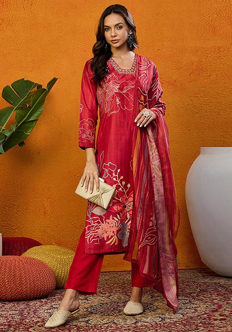 Red Printed Silk Blend Kurta Set