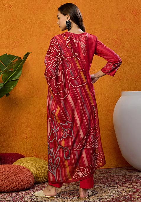 Red Printed Silk Blend Kurta Set