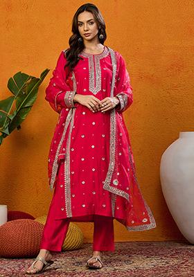 Red Embroidered Silk Blend Kurta Set