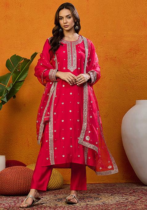 Red Embroidered Silk Blend Kurta Set