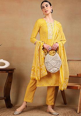 Yellow Embroidered Viscose Rayon Kurta Set