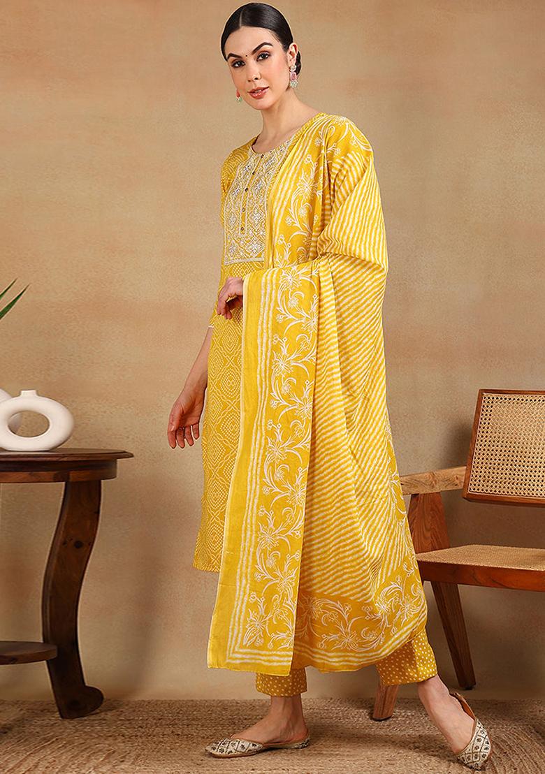 Yellow Embroidered Viscose Rayon Kurta Set