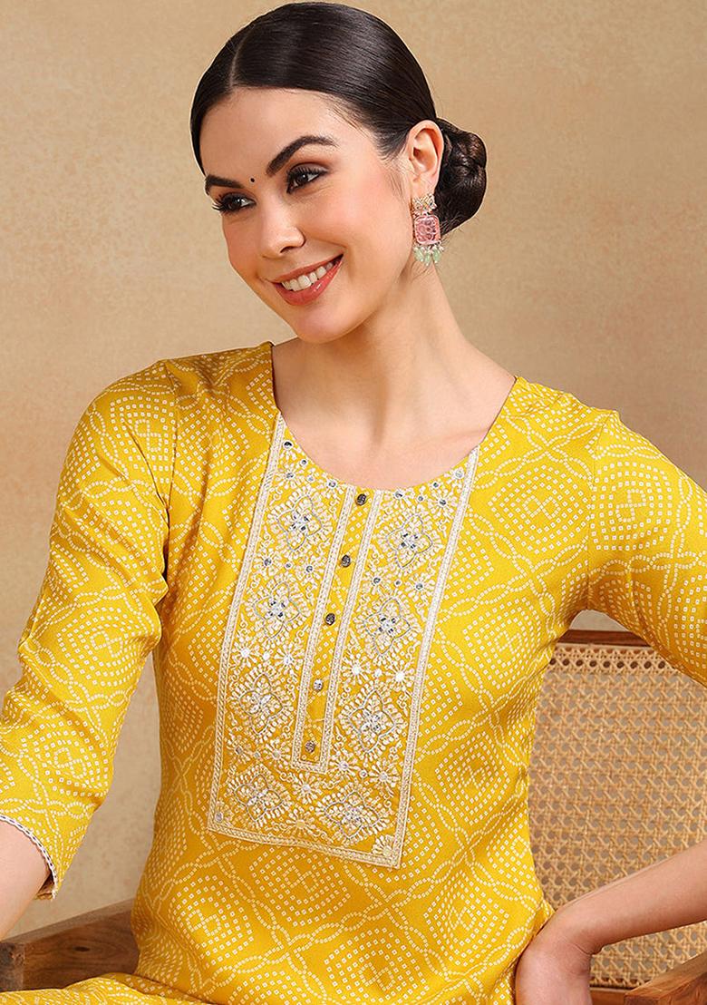 Yellow Embroidered Viscose Rayon Kurta Set