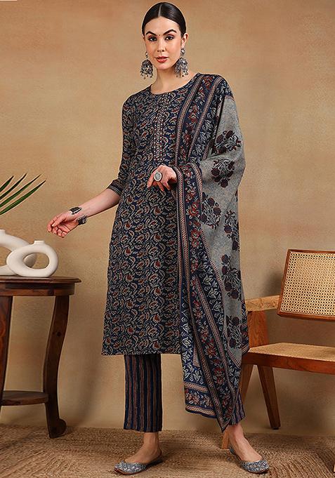 Blue Embroidered Viscose Rayon Kurta Set