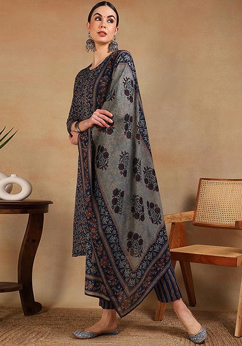 Blue Embroidered Viscose Rayon Suit Set