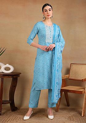 Blue Embroidered Viscose Rayon Kurta Set