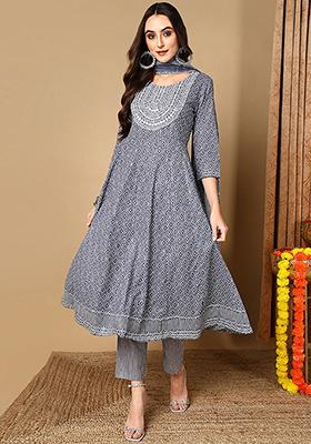 Grey Printed Rayon Blend Kurta Set
