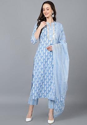 Blue Printed Rayon Blend Kurta Set