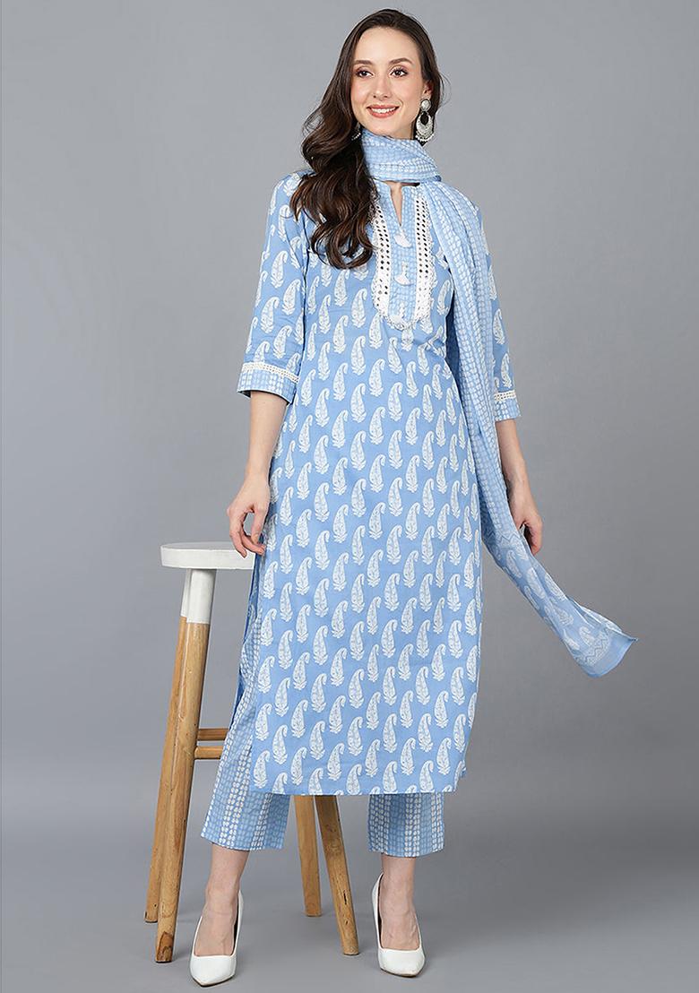Blue Printed Rayon Blend Kurta Set