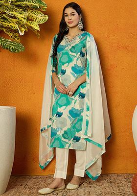 White Printed Cotton Blend Kurta Set