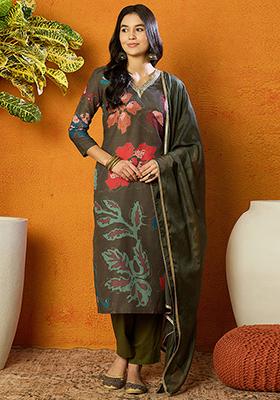 Olive Green Printed Cotton Blend Kurta Set
