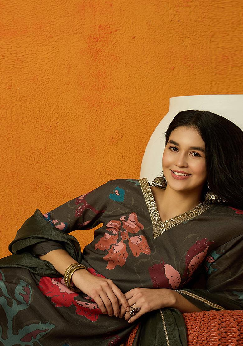 Olive Green Printed Cotton Blend Kurta Set