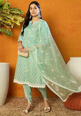 Sea Green Embroidered Organza Kurta Set