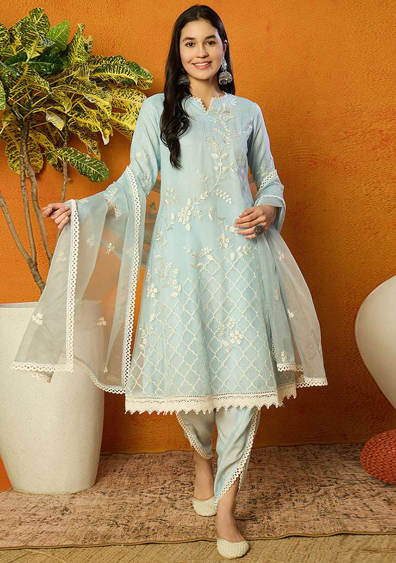 Blue Embroidered Organza A Line Kurta Set - Indya