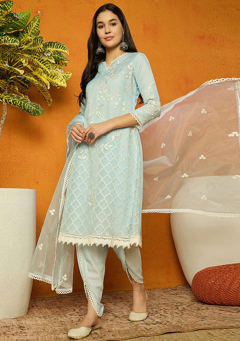 Blue Embroidered Organza A Line Kurta Set - Indya