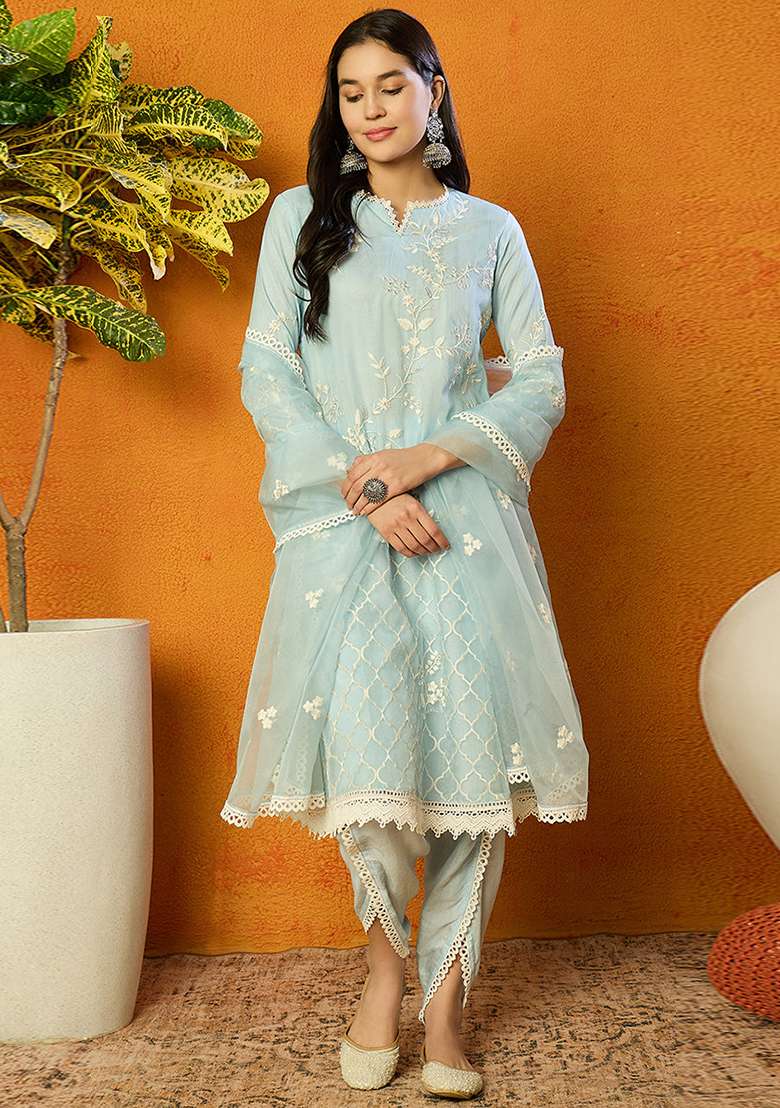 Blue Embroidered Organza A Line Kurta Set - Indya