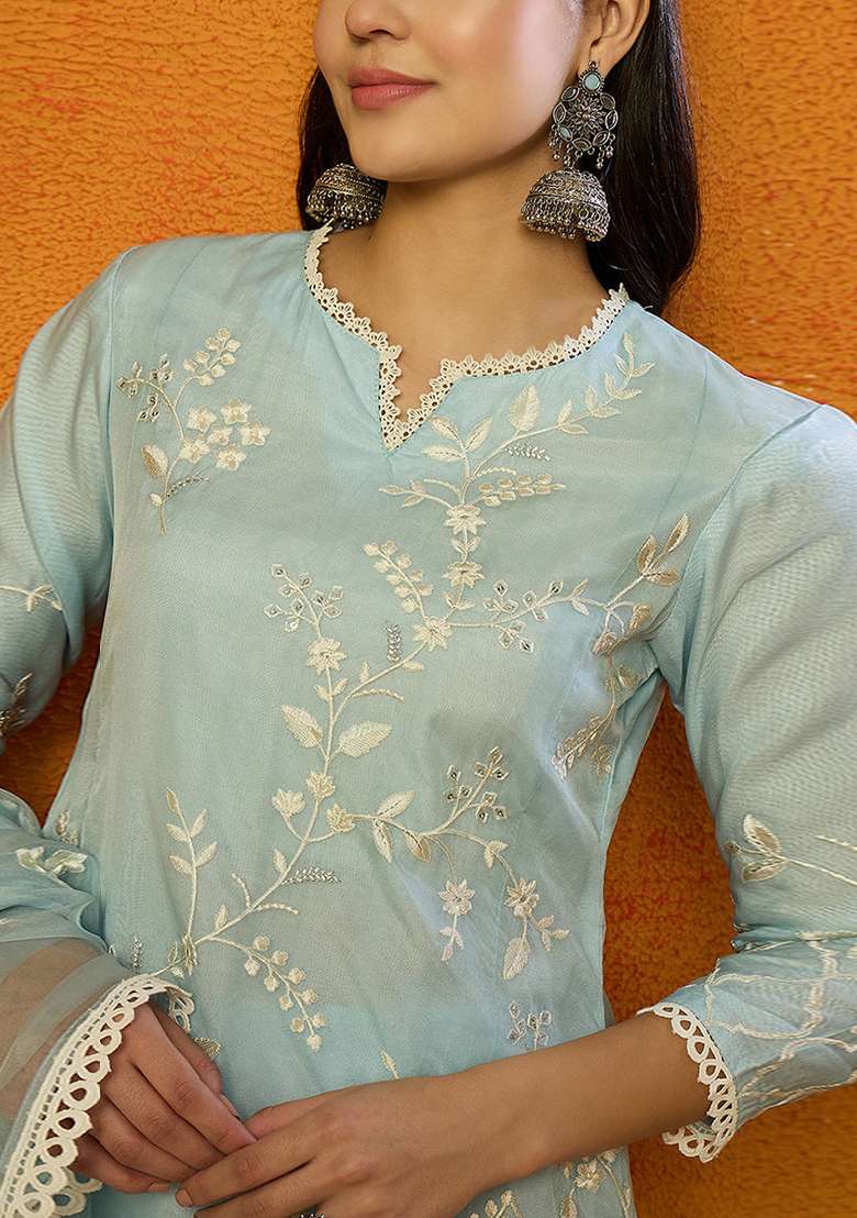 Blue Embroidered Organza A Line Kurta Set - Indya