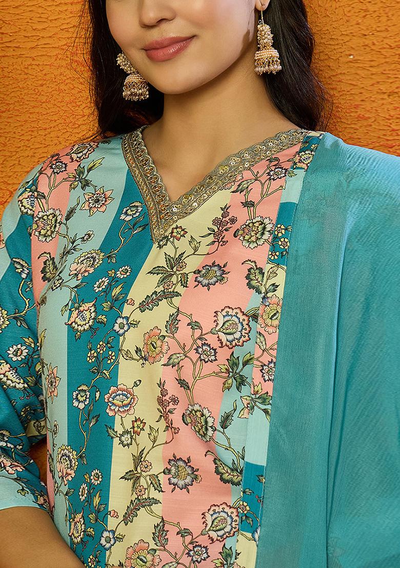 Multicolor Printed Cotton Blend Kurta Set