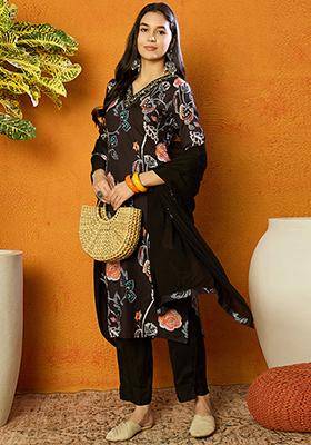 Black Printed Cotton Blend Kurta Set