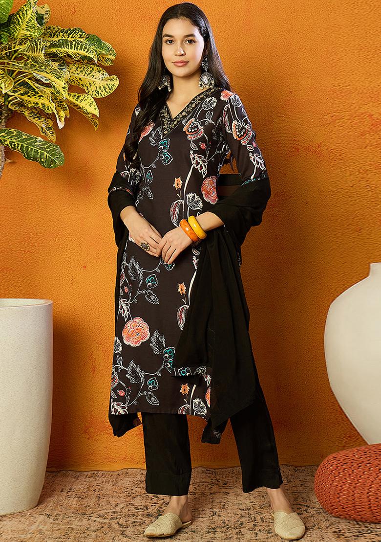 Black Printed Cotton Blend Kurta Set