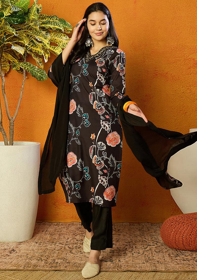 Black Printed Cotton Blend Kurta Set