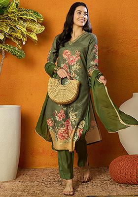 Olive Green Printed Cotton Blend Kurta Set