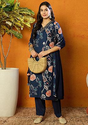 Blue Printed Cotton Blend Kurta Set