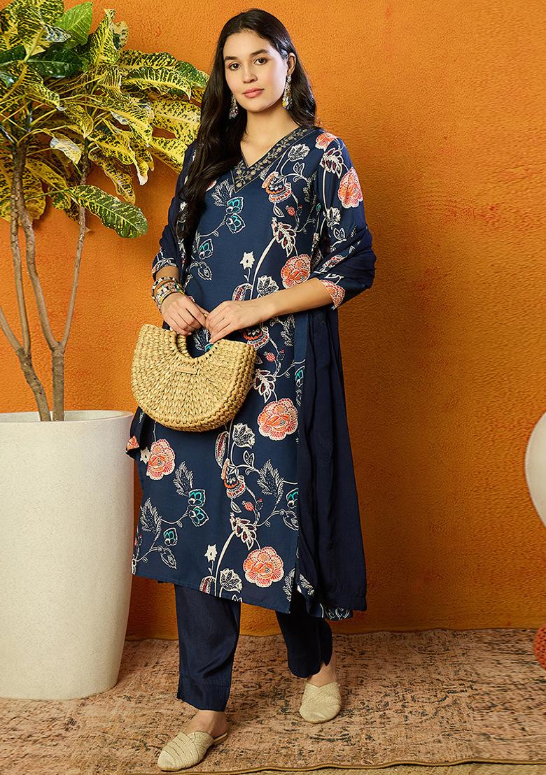 Blue Printed Cotton Blend Kurta Set