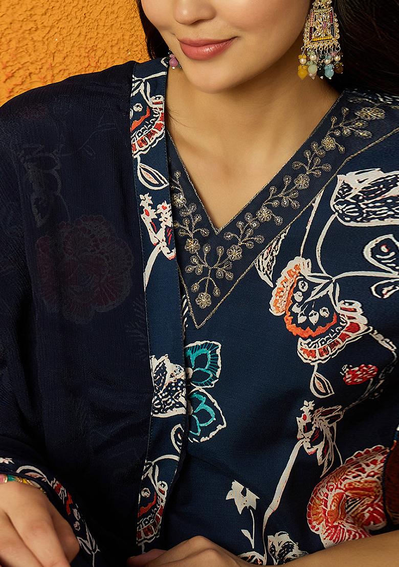 Blue Printed Cotton Blend Kurta Set